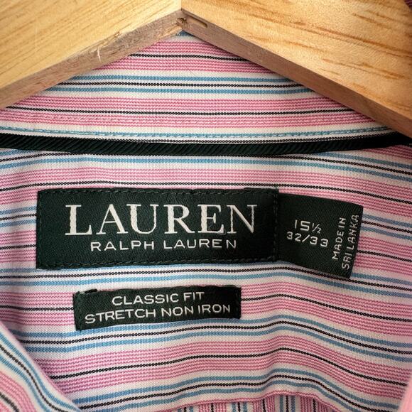 Men's Ralph Lauren Button Down Shirt Size 15 1/2 32/33 Stretch No Iron Pink Blue - Picture 3 of 14